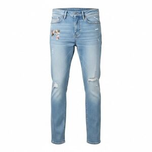 PRPS Demon Slim Fit Straignt Leg Floral Embroidered Distressed Jeans Indigo Wash